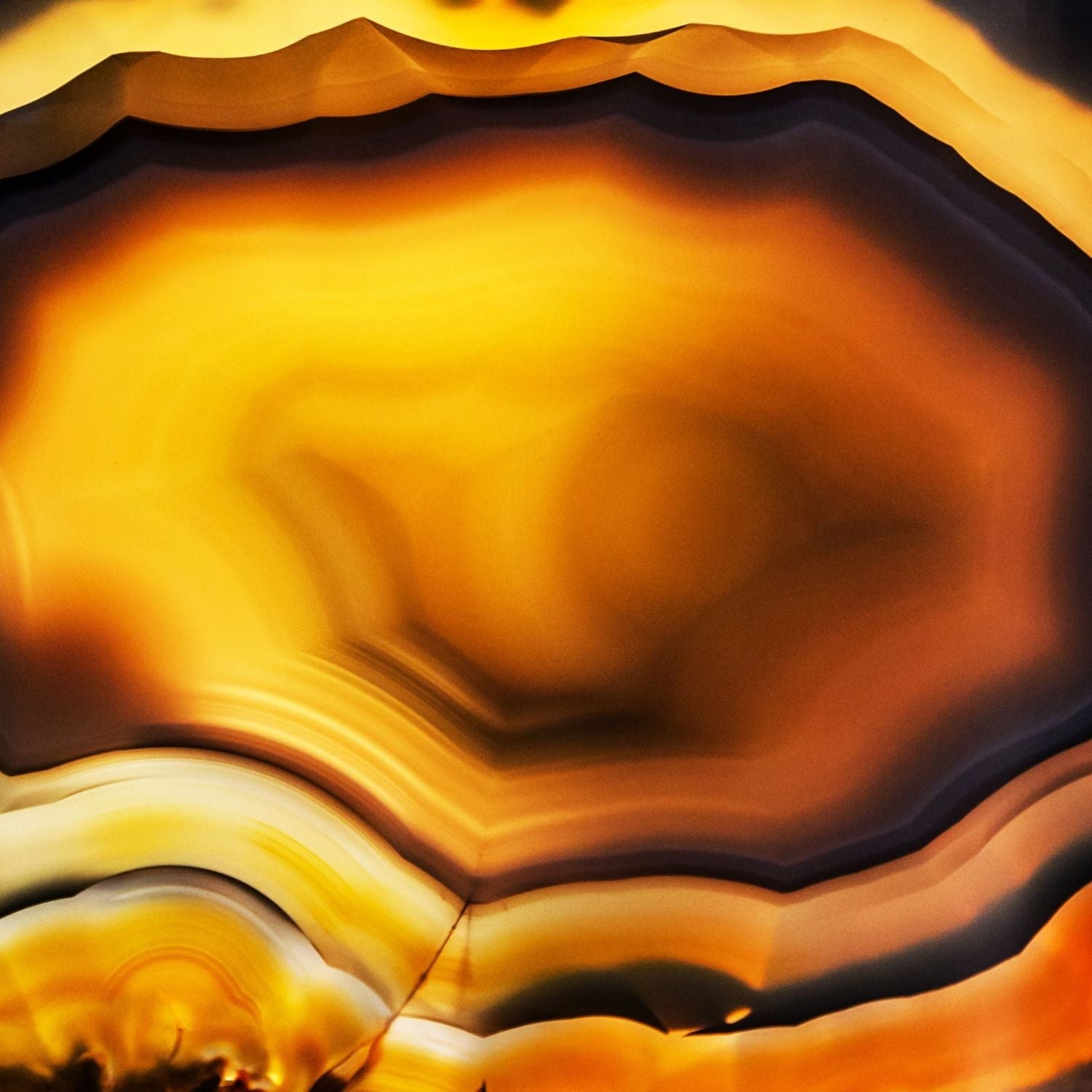 Close-up of the center portion of a polished agate, with yellow, orange, and brown hues.