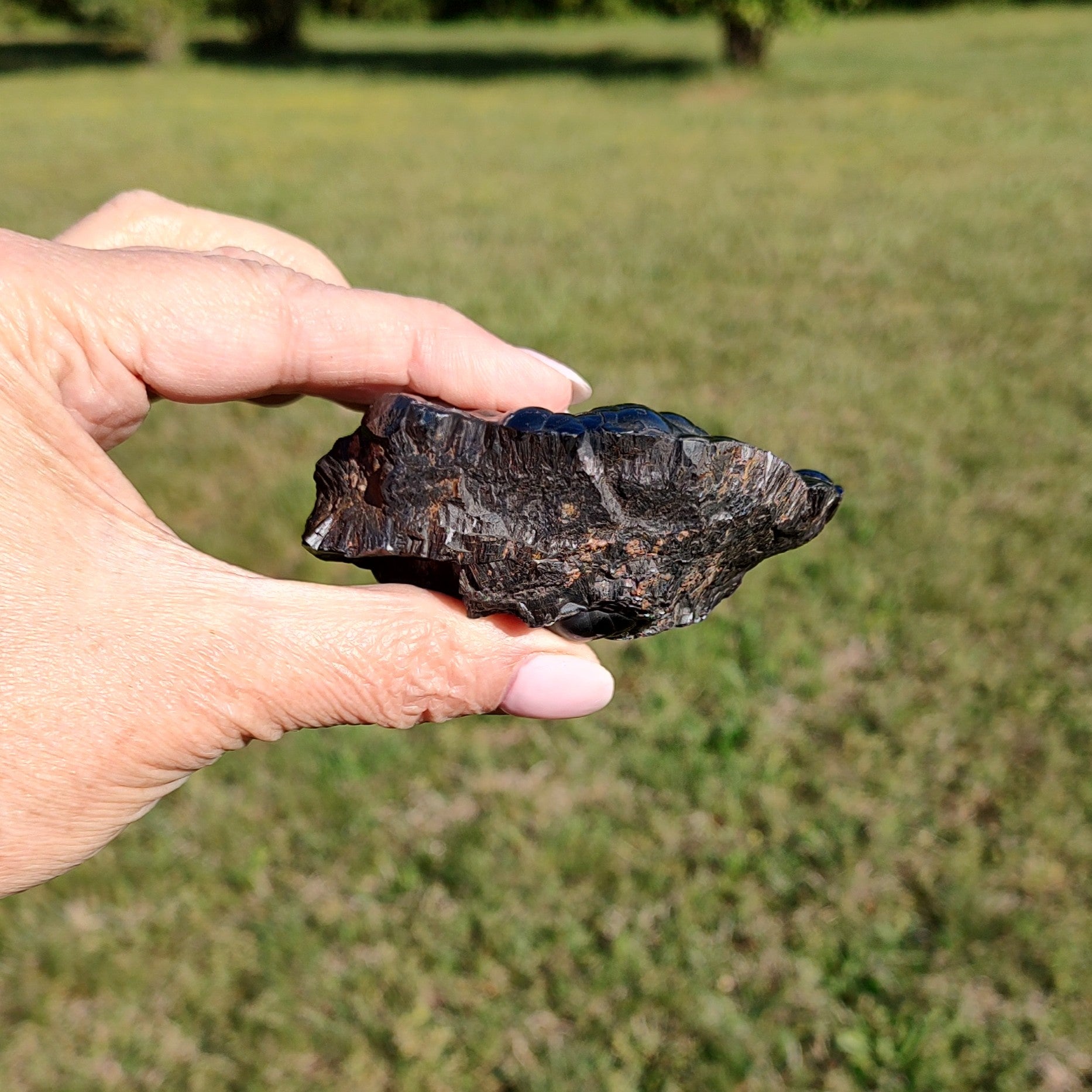 Hand holding a raw hematite specimen against a grassy background.
