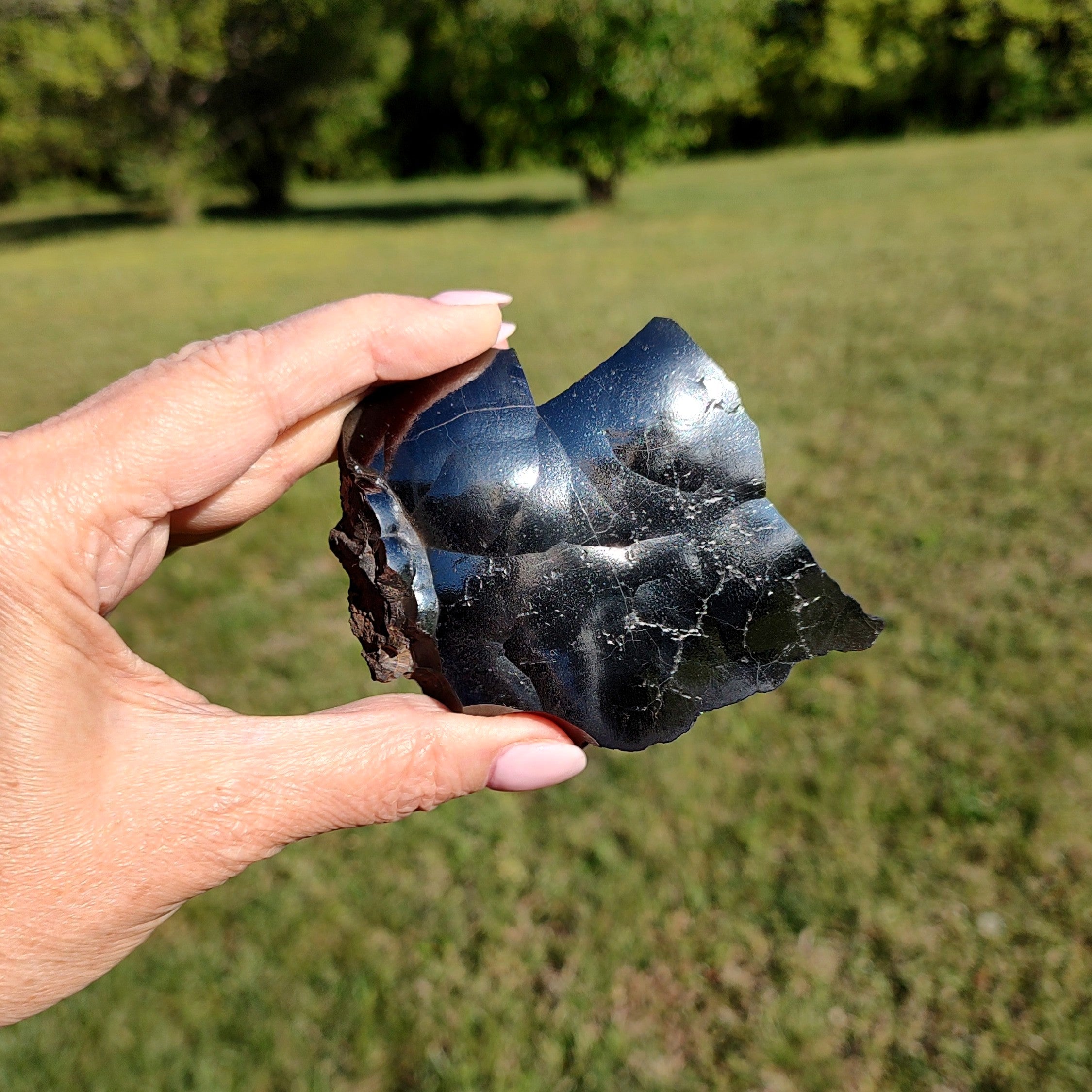 Hand holding a raw hematite specimen against a grassy outdoor background.