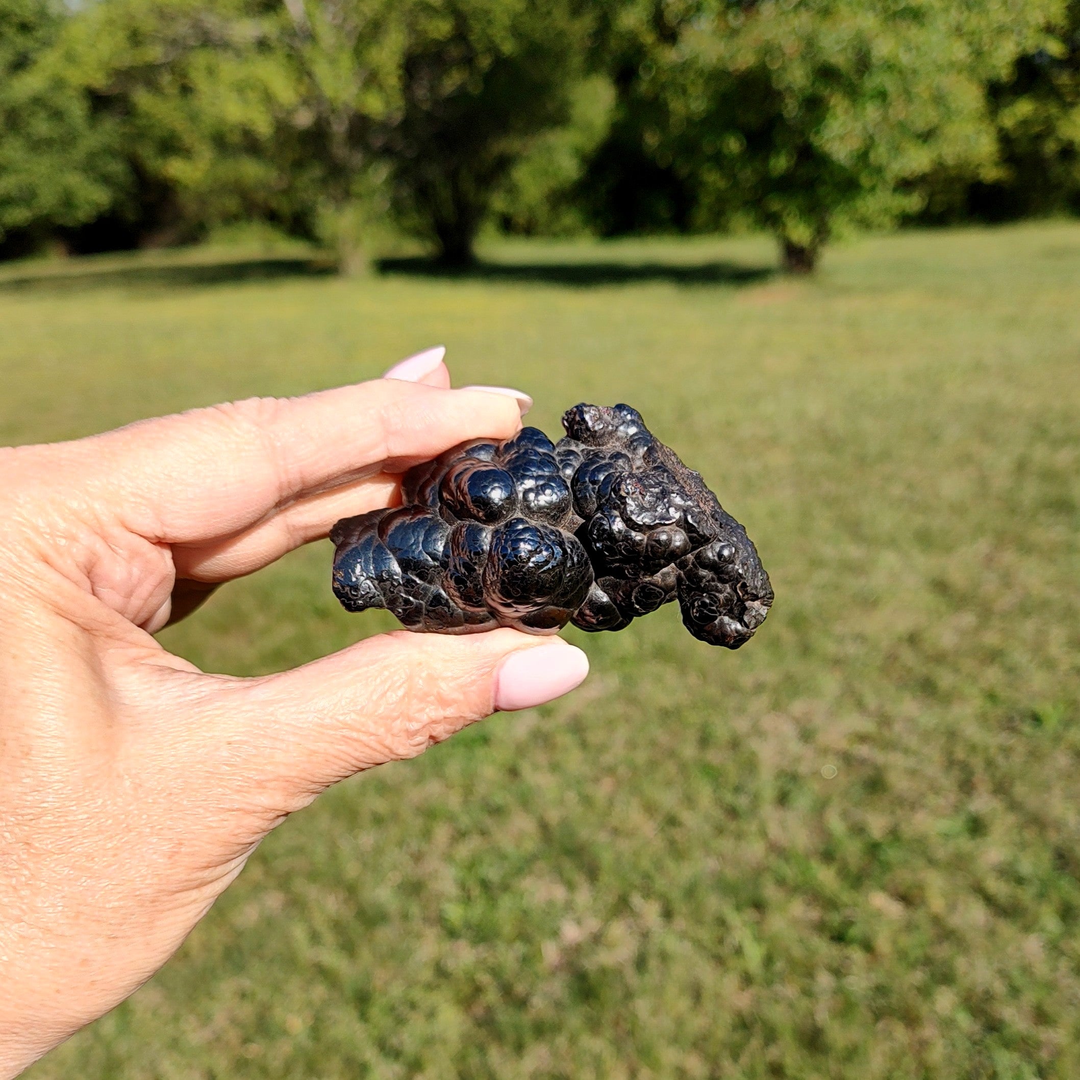 Hand holding a raw hematite specimen in front of a grassy field with trees.