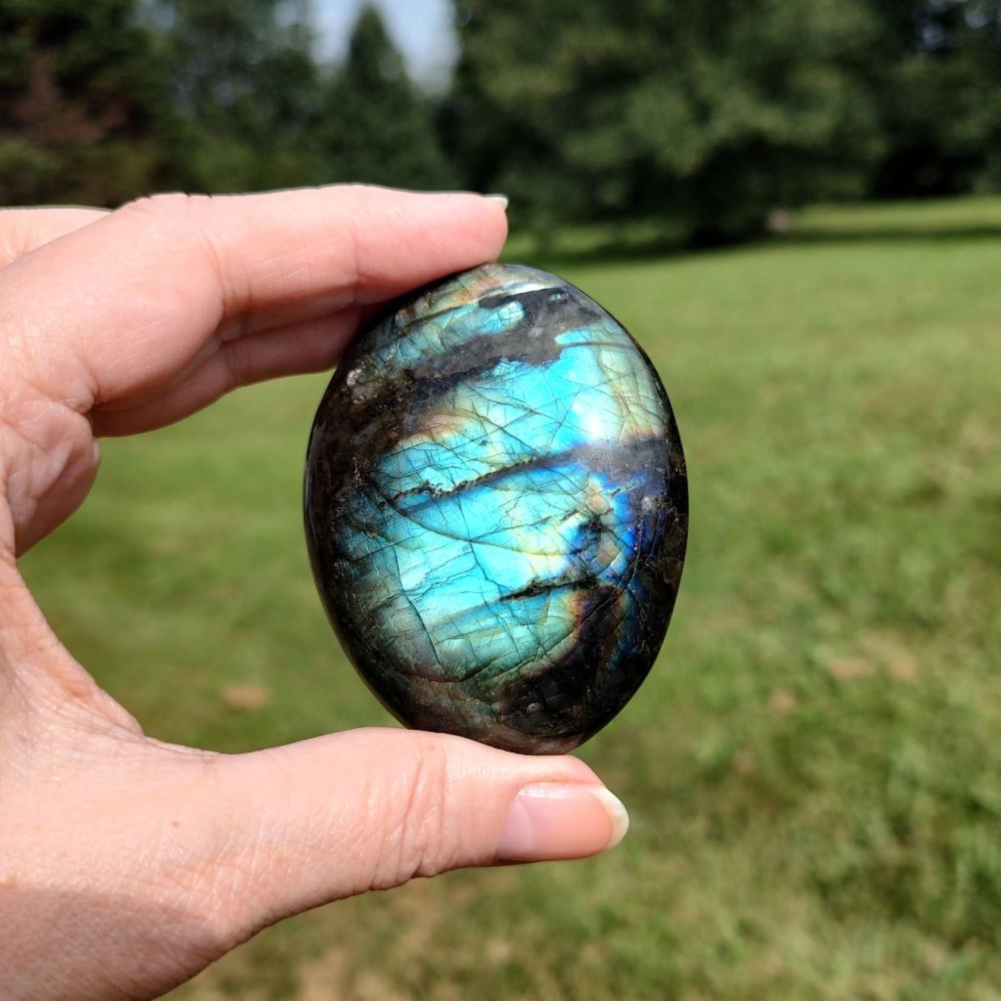 Hand holding a labradorite palm stone with blue-green flashes against a grassy background.