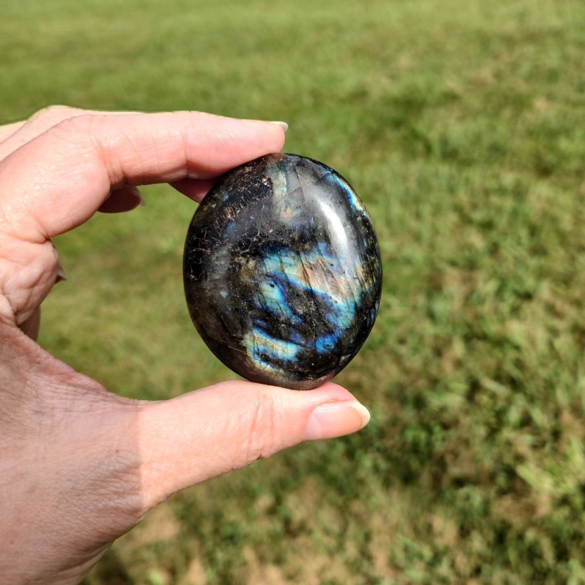 Hand holding a labradorite crystal against a blurred grassy background.