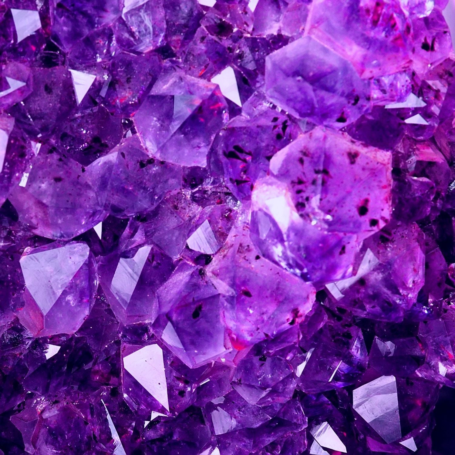 Close-up of deep purple amethyst crystals.