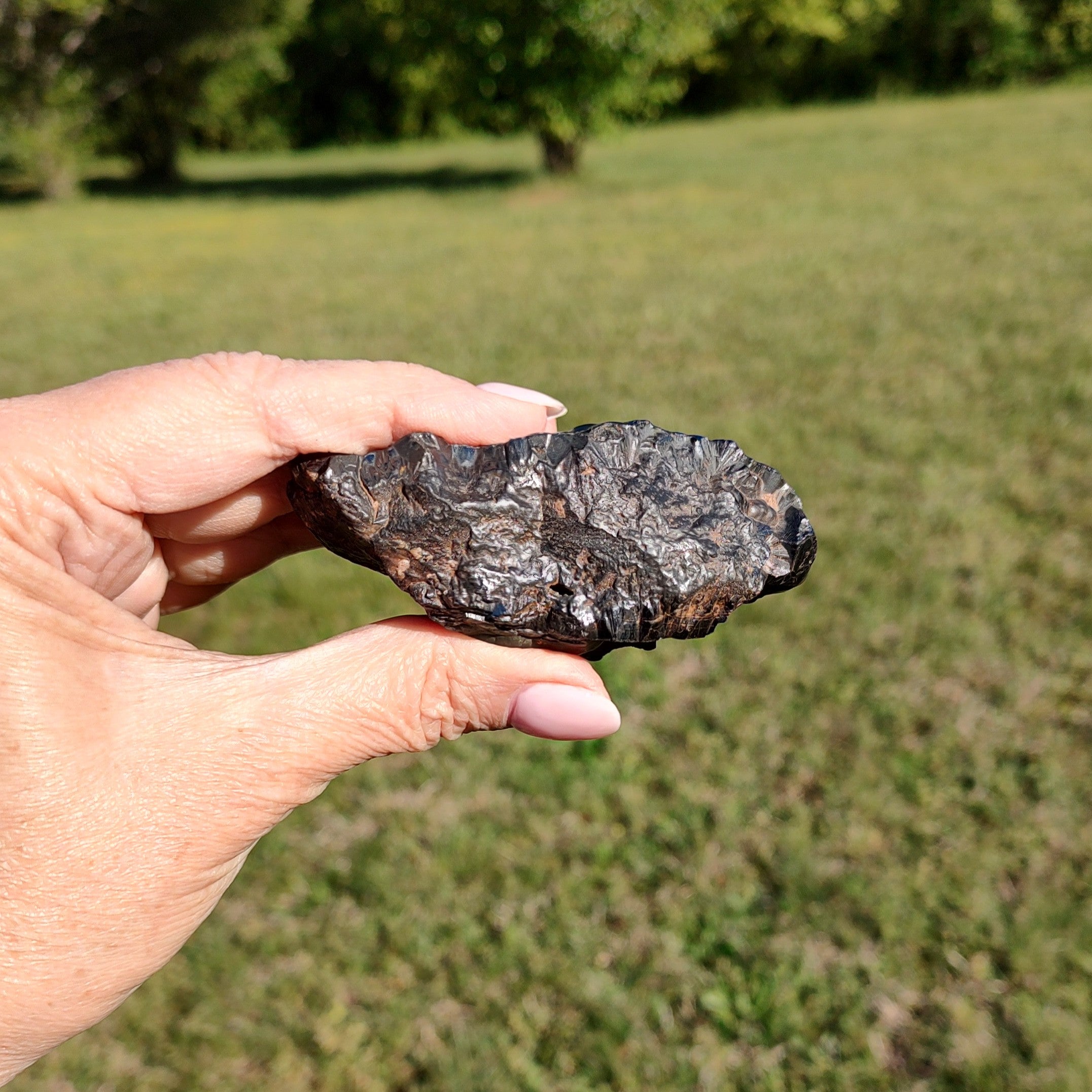 Hand holding a raw hematite specimen in front of a grassy field.