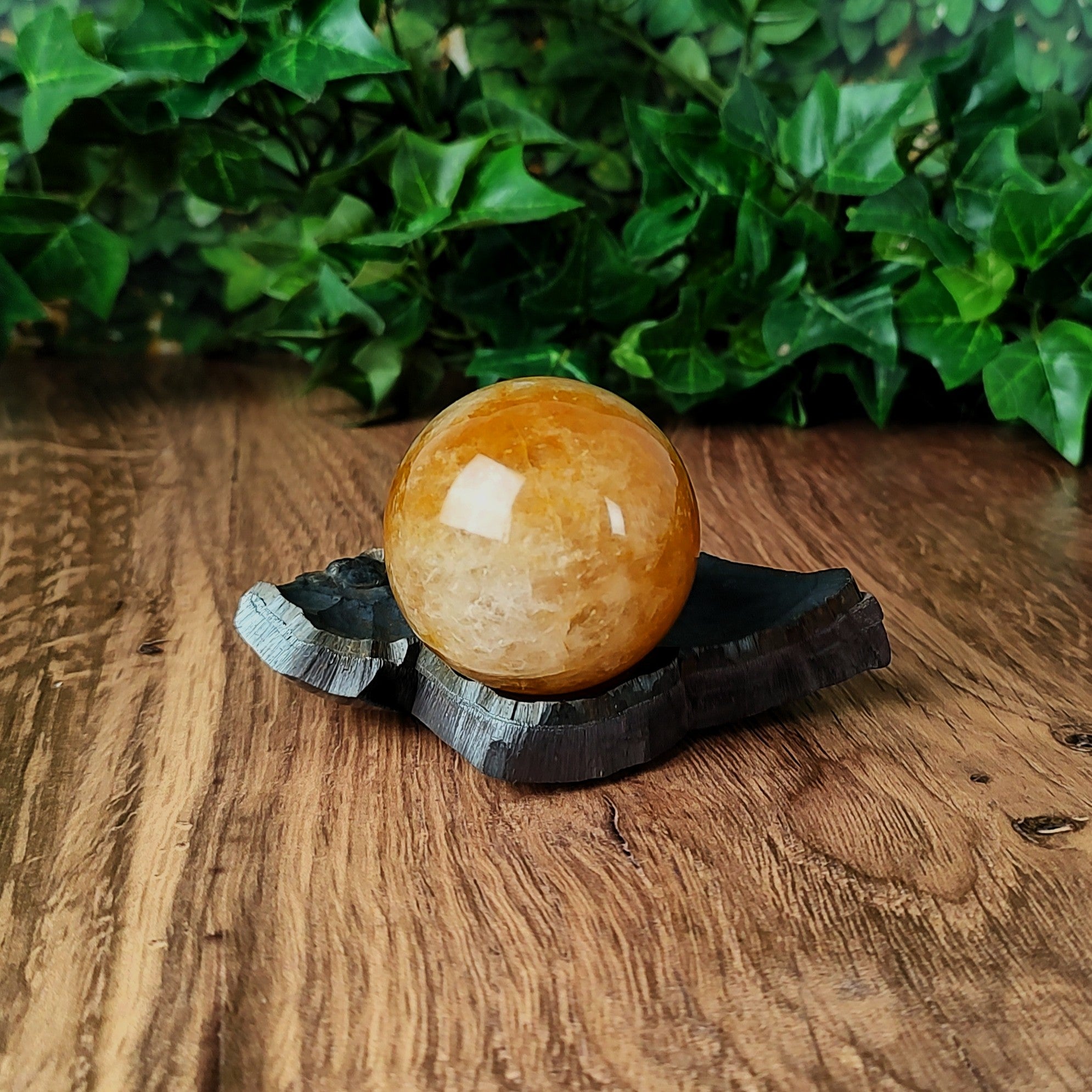 Quartz sphere on a raw hematite specimen with green foliage in the background.