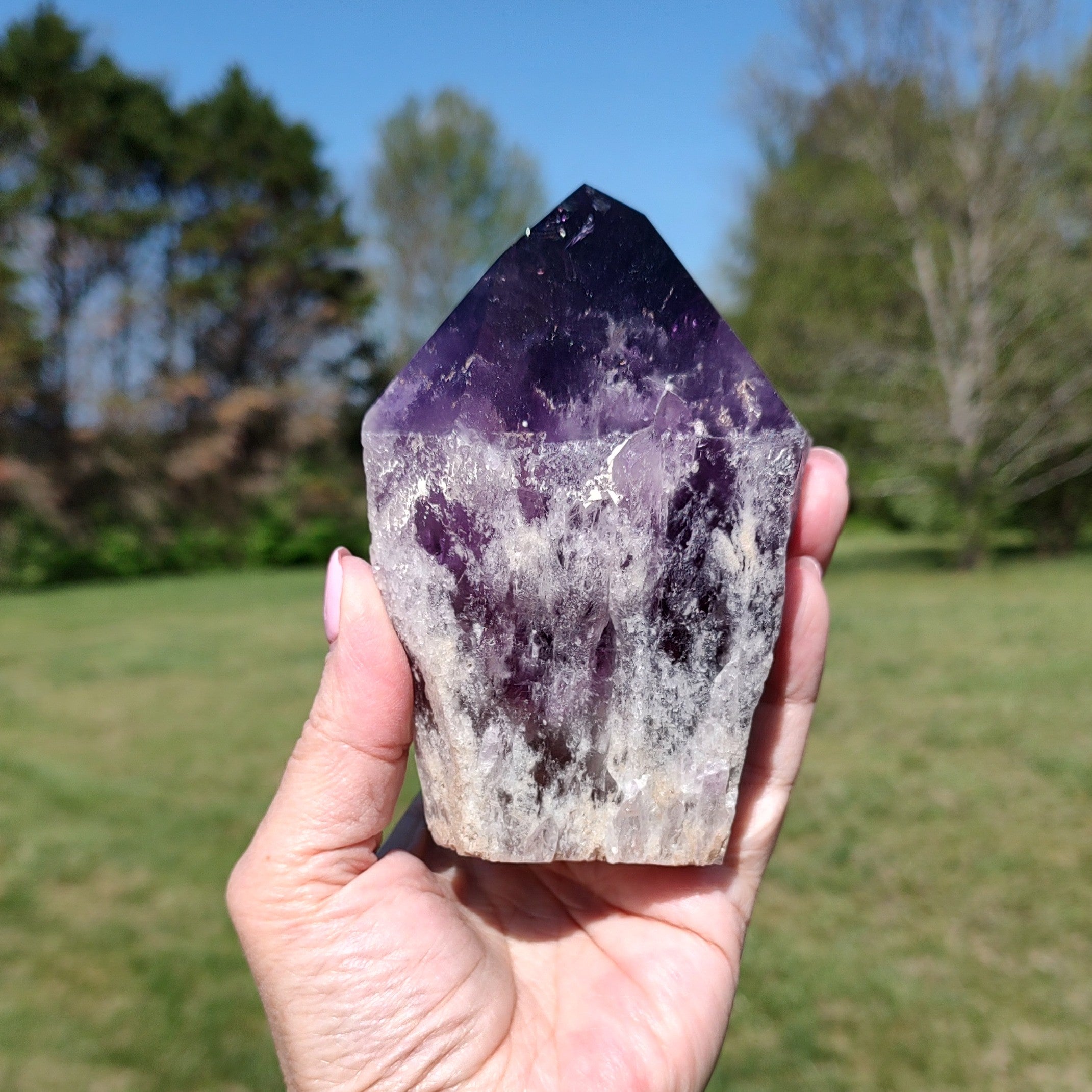 Hand holding a large amethyst crystal outdoors with greenery in the background.