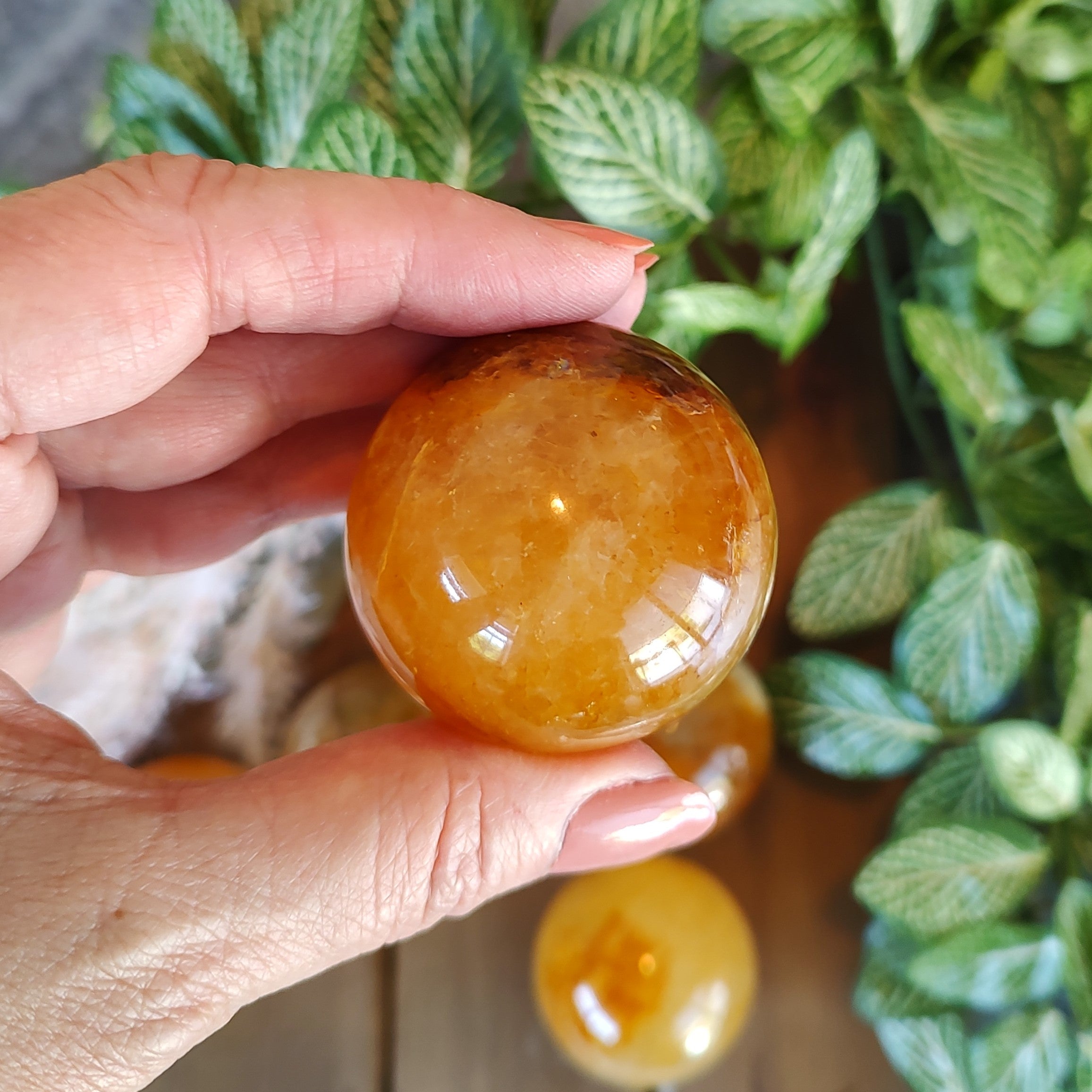 Hand holding a yellow hematoid quartz sphere, with green plants in the background. 