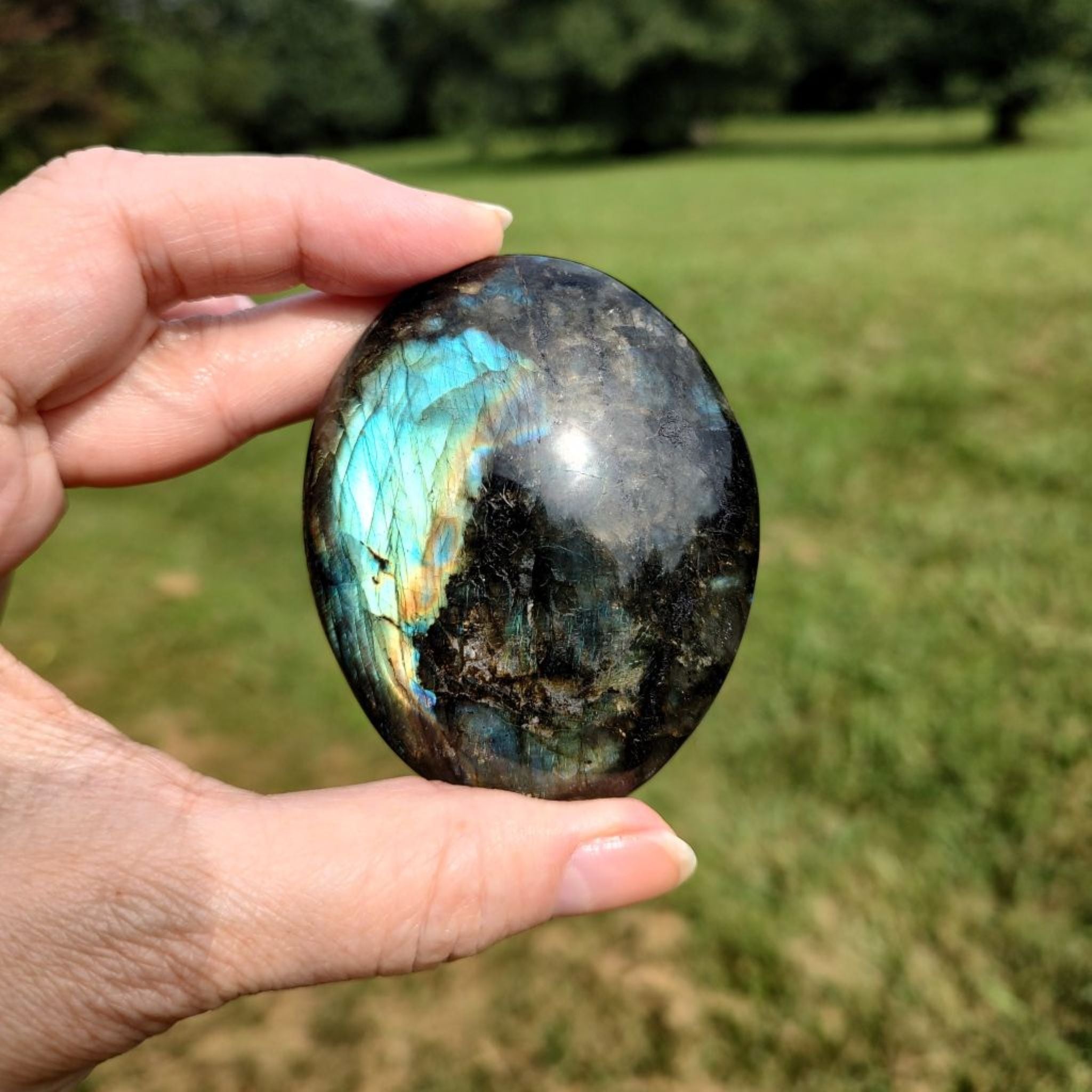 Hand holding a labradorite stone with a blurred green field background