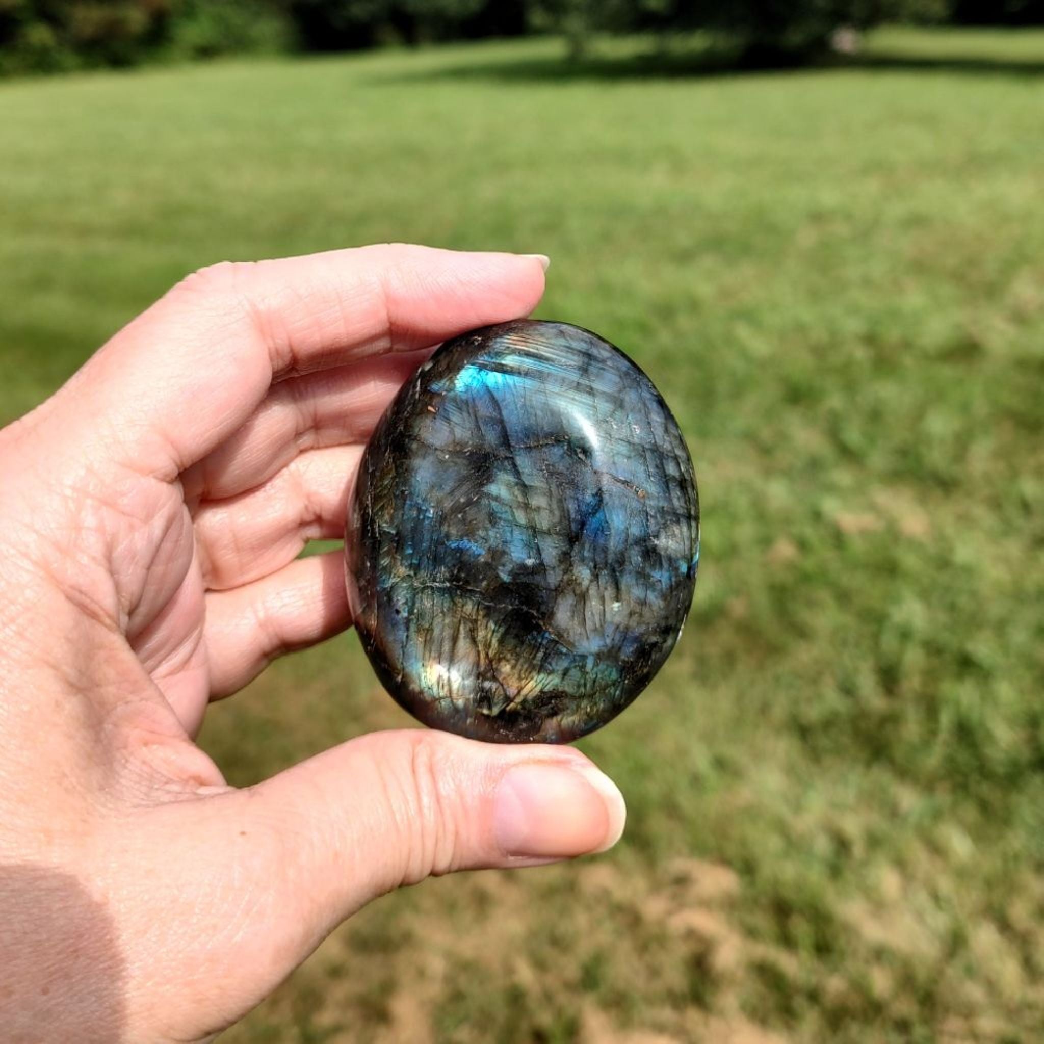 Hand holding a labradorite palm stone with a blurred green field background